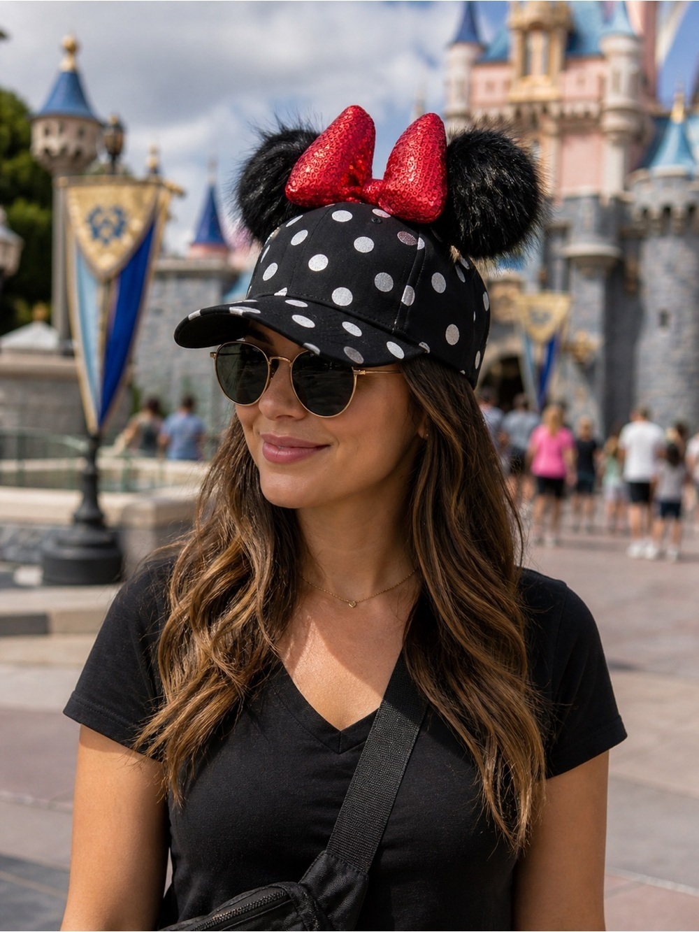 Disney Black and Silver Polka Dot Hat with Red Bow